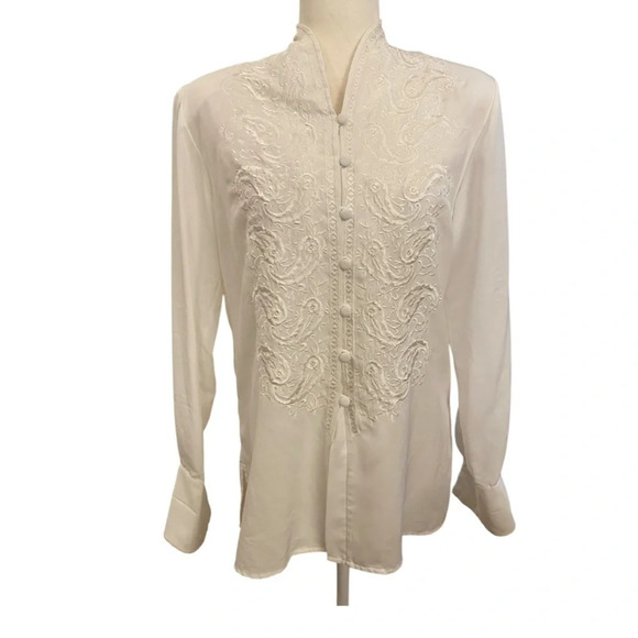 Tess Vintage White Embroidered Long Sleeve Blouse Size Small Button Down 1980s - Picture 1 of 6